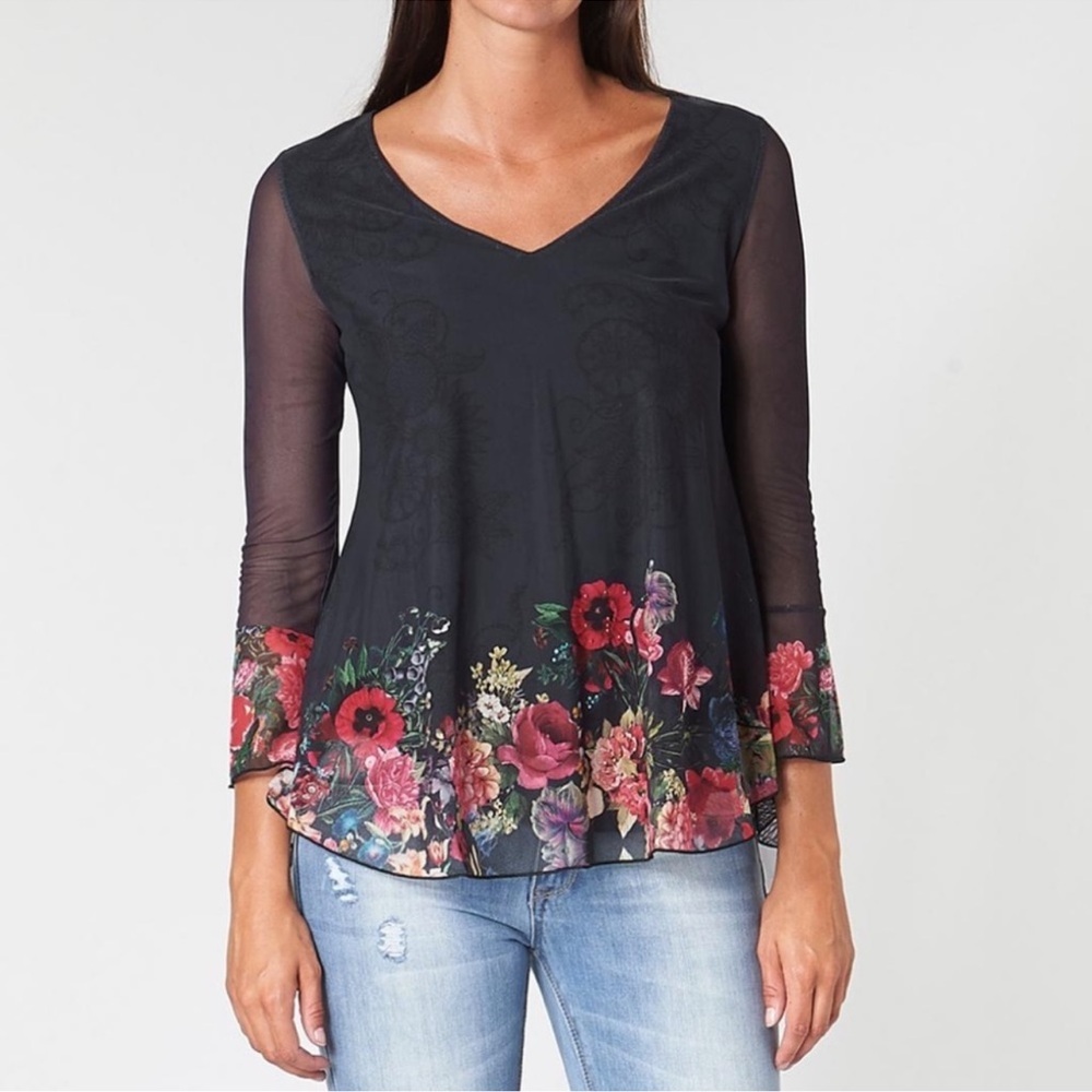 Desigual O’Hara Sheer Sleeve Floral and Rhinestone Hem Lined Flowy Blouse